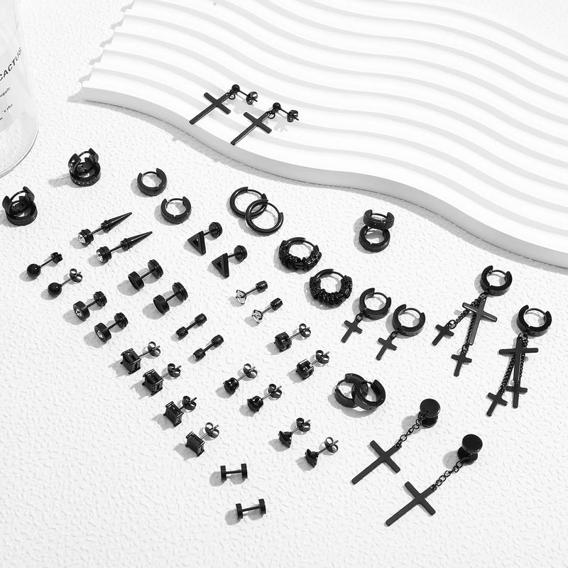 NEWITIN 24 Pairs Stainless Steel Earrings for Men Hypoallergenic Inlaid Cubic Zirconia Studs Hoop Earring Cross Dangle Earrings Unisex Punk Stud Earring for Women Men - Image 2